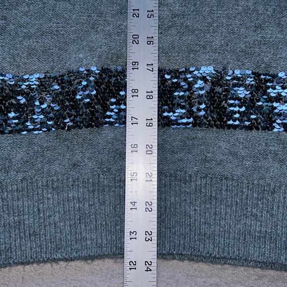 Nine West | Womens Fuzzy Knit Blue Sequin Stripe Hoodie Sweater - Size M - Picture 7 of 8